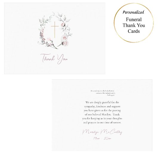 Carte De Remerciements Roses roses clair couronne catholique romain funér