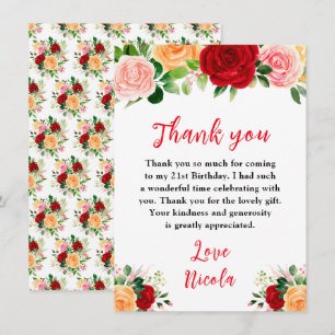 Carte De Remerciements Roses rouges et orange romantiques pour anniversai