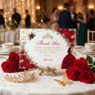 Carte De Remerciements Roses Rouges Papillons Dorés Quinceañera