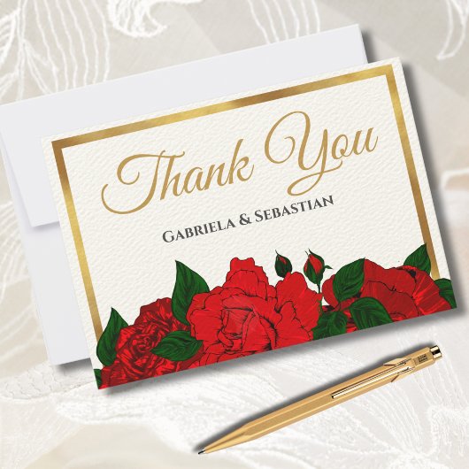 Carte De Remerciements Roses rouges romantiques | Mariage de script éléga