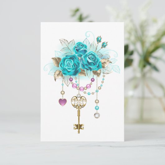 Carte De Remerciements Roses turquoise avec touches (Debout devant)