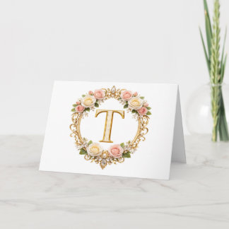 Carte De Remerciements Rouge à joues Rose Gold Floral Monogramme Lettre T