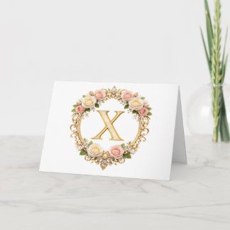 Carte De Remerciements Rouge à joues Rose Gold Floral Monogramme Lettre X
