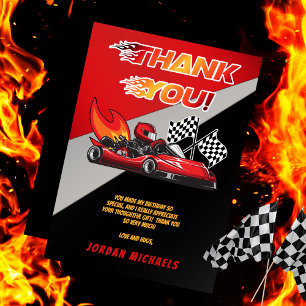 Carte De Remerciements Rouge   Anniversaire de course de karting noir 