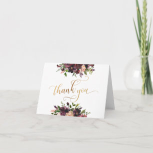 Carte De Remerciements Rouge Bourgogne & Floral rose, Écriture dorée de r