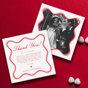 Carte De Remerciements Rouge et blanc ondulé couleur Mariage funky