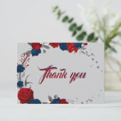 Carte De Remerciements rouge et bleu marine fleurs gris feuille (Debout devant)