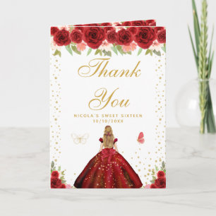 Carte De Remerciements Rouge Fleur Cheveux Blonds Fille Sweet Sixteen