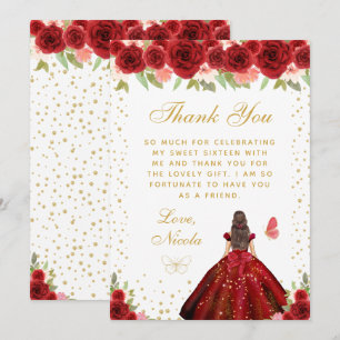 Carte De Remerciements Rouge Florale Brunette Cheveux Princesse Sweet Sei