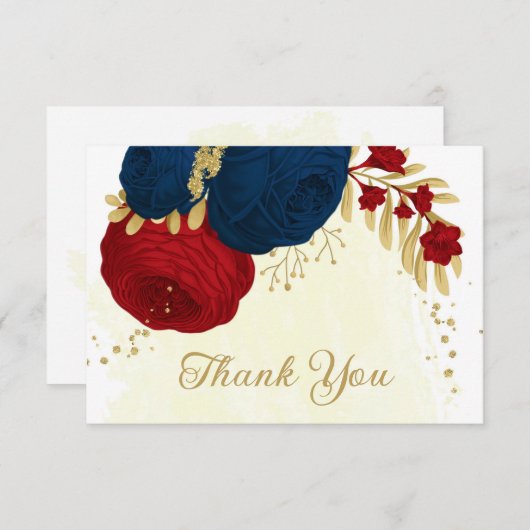 Carte De Remerciements rouge foncé & bleu marine fleurs or mariage (Devant / Derrière)
