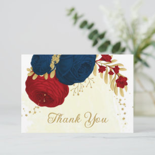 Carte De Remerciements rouge foncé & bleu marine fleurs or mariage