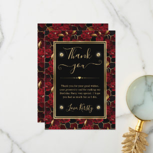 Carte De Remerciements Rouge, Noir et Or Marbre Floral Anniversaire