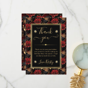 Carte De Remerciements Rouge Noir et Or Marbre Floral Anniversaire