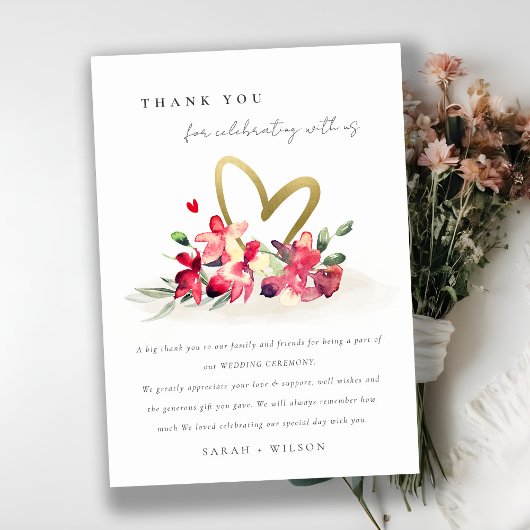 Carte De Remerciements Rouge or Orchidée Coeur Floral Aquarelle Mariage