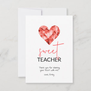 Carte De Remerciements Rouge Sweet Teacher Aquarelle diamant Coeur