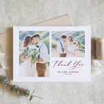 Carte De Remerciements Rouge Whimsical Calligraphy Photo Collage Mariage<br><div class="desc">Envoyez votre gratitude aux invités pour avoir fait partie de votre journée spéciale avec ce collage photo personnalisable merci carte à plat. Il présente un script fantaisiste et une typographie classique. Personnalisé en ajoutant vos propres détails et en affichant vos photos mariages préférées.</div>