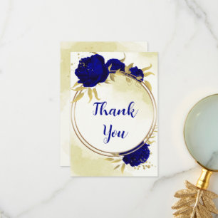 Carte De Remerciements Royal bleu fleurs or feuilles