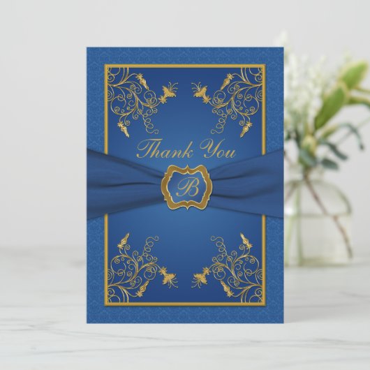 Carte de remerciements Royal Blue et Gold Monogram (Debout devant)