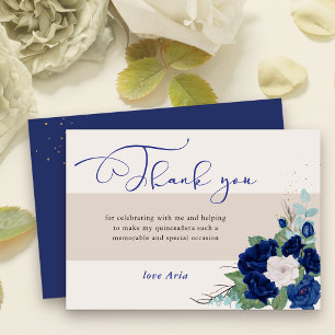 Carte De Remerciements Royal Blue et ivoire Roses Élégante calligraphie