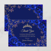 Carte De Remerciements Royal Blue Gold Quinceanera (Devant / Derrière)