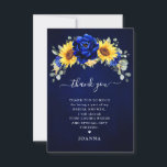 Carte De Remerciements Royal Blue Rustic Tournesol Fête des mariées moder<br><div class="desc">Elégante et moderne carte de remerciements rustique de la nuptiale de pays comprend tournesol jaune vif, pivoines bleues royales, souffle bébé, cadre floral gypsophila / couronne avec feuilles eucalyptus. S'il vous plaît trouver d'autres modèles et variantes de mon magasin "blissweddingpaperie". Et n'hésitez pas à me contacter pour plus de personnalisation...</div>