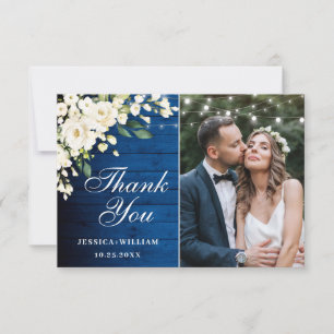 Carte De Remerciements Royal Blue Wood Roses blanches Floral Lanterne Pho