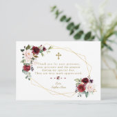 Carte De Remerciements Royal Bourgogne Fleurs Or Frame Croix Baptême (Debout devant)