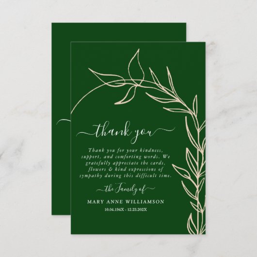 Carte De Remerciements Royal Green Minimal Arc Texte Script Funérailles M (Devant / Derrière)