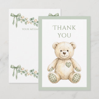 Carte De Remerciements Ruban Vert Sauge Élégant Ours en Peluche Vintage