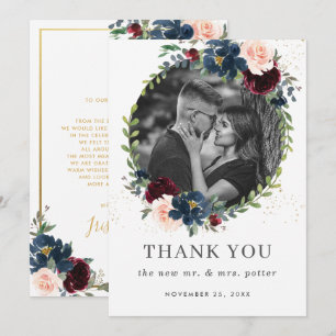 Carte De Remerciements Russe Bourgogne Marine Blush Floral Mariage Photo