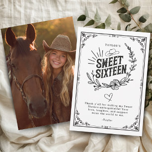 Carte De Remerciements Russe Cowgirl noir et blanc Sweet sixteen photo