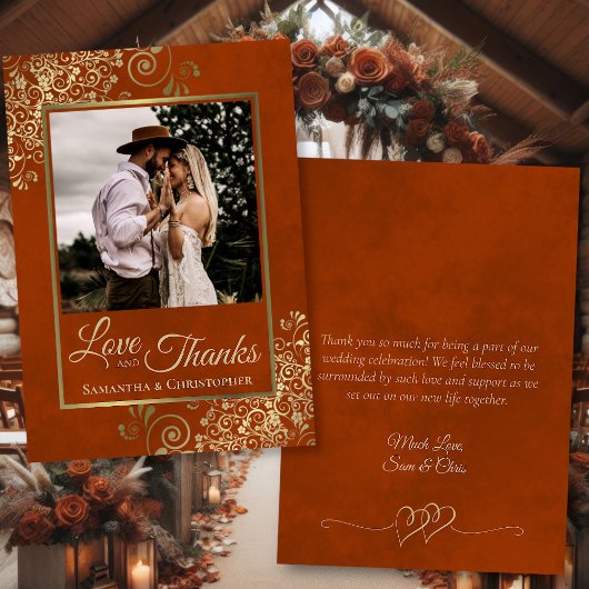 Carte De Remerciements Rust Orange & Gold Love Thanks Photo Note Mariage