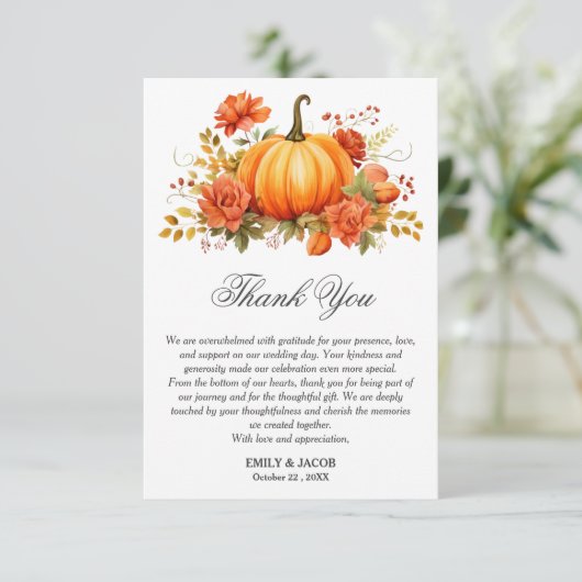 Carte De Remerciements Rustic Automne Citrouille Mariage (Debout devant)