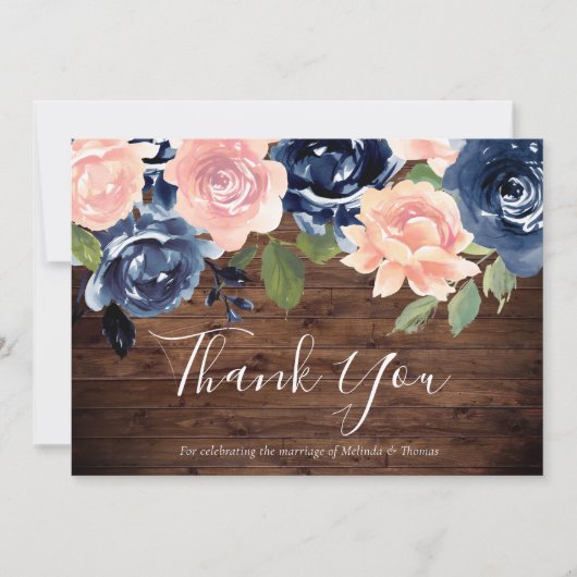 Carte De Remerciements Rustic Blush & Navy Watercolor Flowers Mariage (Devant)