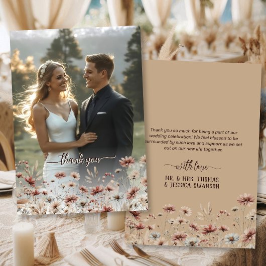Carte De Remerciements Rustic Boho Chic Fleur sauvage Full Photo Mariage