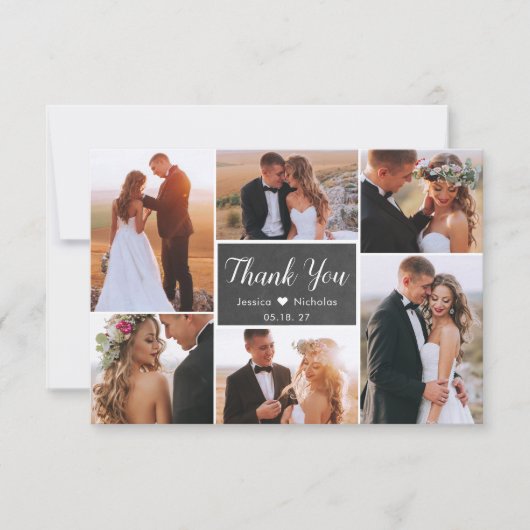Carte De Remerciements Rustic Chalkboard 6 Photo Collage Script Mariage (Devant)