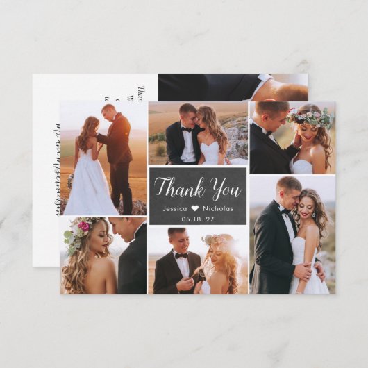 Carte De Remerciements Rustic Chalkboard 6 Photo Collage Script Mariage (Devant / Derrière)