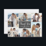 Carte De Remerciements Rustic Chalkboard Script 6 Photo Collage Mariage<br><div class="desc">Calligraphie de tableau de bord moderne et rustique Script Mariage 6 Photo Collage Carte de remerciements. Élégant modèle mariage avec six (6) photos à l'avant et une (1) photo à l'arrière. Avec le texte "merci" dans une police de caractères tourbillonnant en caractères de script en blanc sur le tableau noir...</div>