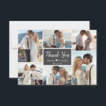 Carte De Remerciements Rustic Chalkboard Script 6 Photo Collage Mariage<br><div class="desc">Calligraphie de tableau de bord moderne et rustique Script Mariage 6 Photo Collage Carte de remerciements. Élégant modèle mariage avec six (6) photos à l'avant et une (1) photo à l'arrière. Avec le texte "merci" dans une police de caractères tourbillonnant en caractères de script en blanc sur le tableau noir...</div>