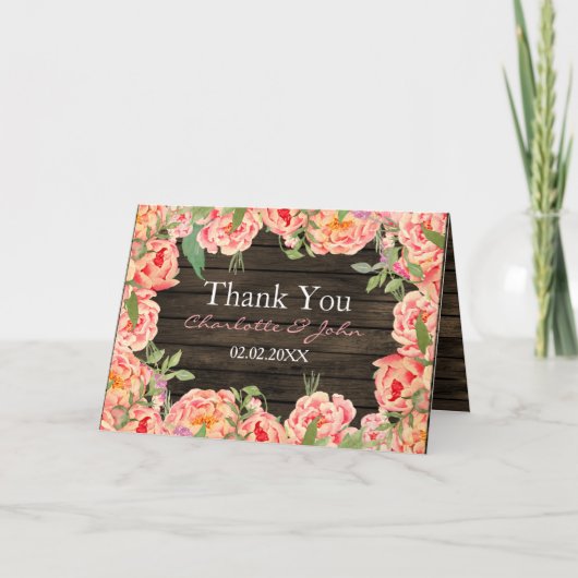 Carte De Remerciements Rustic Country Peony Grange Mariage bois (Devant)