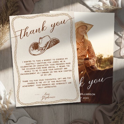 Carte De Remerciements  Rustic Cowboy Hat Photo Graduation Party Script