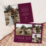 Carte De Remerciements Rustic Elegance Photo Collage Mariage Cranbery<br><div class="desc">Carte de remerciements de mariage rustique et élégant avec un texte typographique qui dit "merci" dans une police mélangée avec des polices de script et de serif. Ce modèle a 3 photos à l'avant et 1 à l'arrière. La couleur arrière - plan est rouge canneberge.</div>