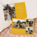 Carte De Remerciements Rustic Elegance Photo Collage Mariage Jaune<br><div class="desc">Carte de remerciements de mariage rustique et élégant avec un texte typographique qui dit "merci" dans une police mélangée avec des polices de script et de serif. Ce modèle a 3 photos à l'avant et 1 à l'arrière. La couleur arrière - plan est jaune.</div>