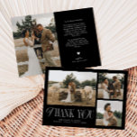 Carte De Remerciements Rustic Elegance Photo Collage Mariage Noir<br><div class="desc">Carte de remerciements de mariage rustique et élégant avec un texte typographique qui dit "merci" dans une police mélangée avec des polices de script et de serif. Ce modèle a 3 photos à l'avant et 1 à l'arrière. La couleur arrière - plan est noire.</div>