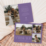 Carte De Remerciements Rustic Elegance Photo Collage Mariage violet<br><div class="desc">Carte de remerciements de mariage rustique et élégant avec un texte typographique qui dit "merci" dans une police mélangée avec des polices de script et de serif. Ce modèle a 3 photos à l'avant et 1 à l'arrière. La couleur arrière - plan est violette.</div>