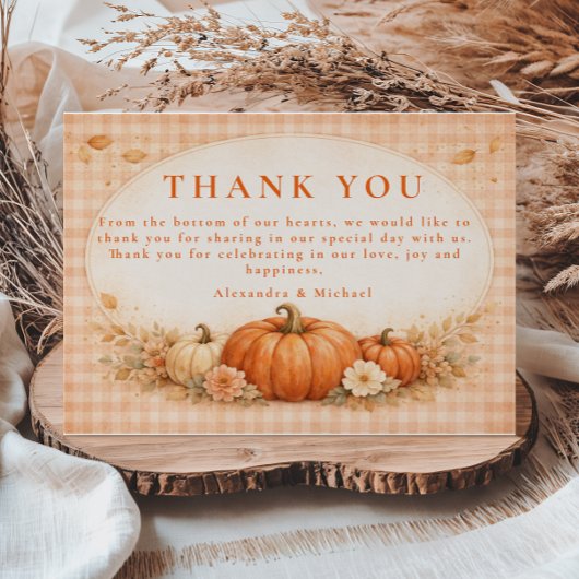 Carte De Remerciements Rustic Gingham Pumpkin Fall Wedding