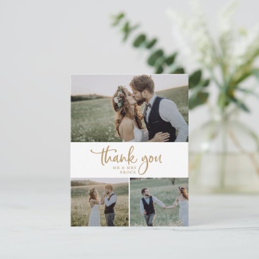Carte De Remerciements Rustic Gold Script 3 Photo Collage Mariage (Debout devant)