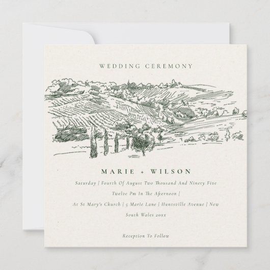 Carte De Remerciements Rustic Green Winery Mountain Croquis de mariage In (Devant)
