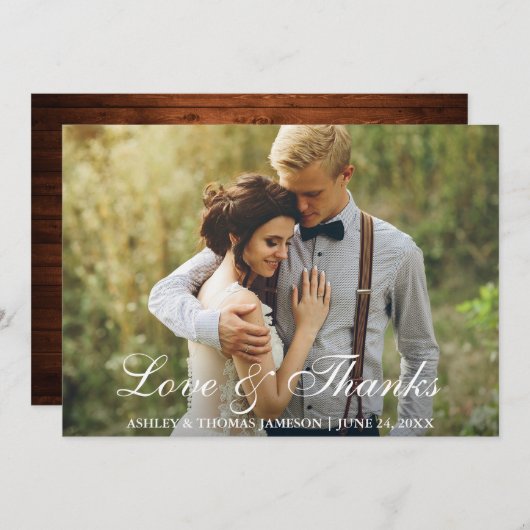 Carte De Remerciements Rustic Mariage Wood Back Photo Love and Thanks (Devant / Derrière)