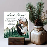 Carte De Remerciements Rustic Mountains & Pines Oval Photo Mariage<br><div class="desc">Ces belles cartes de remerciement de mariage sont une merveilleuse façon de montrer votre appréciation à vos amis et à votre famille pour la célébration avec vous lors de votre journée spéciale. Ils présentent votre photo mariage dans un cadre ovale avec un paysage aquarelle de pins et de pics montagneux...</div>